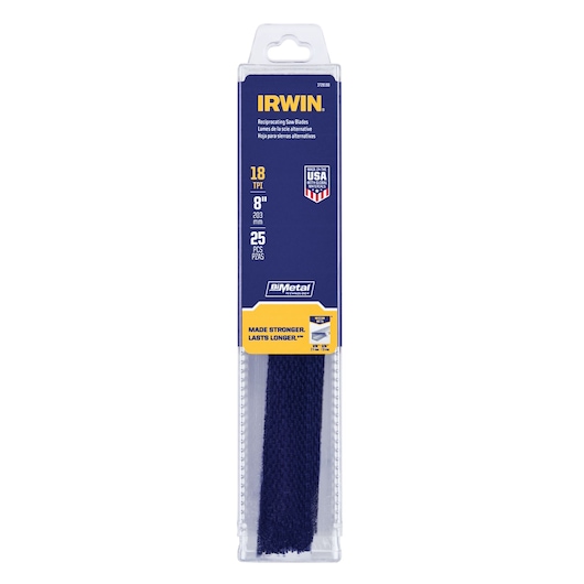 IRWIN 372818B reciprocating saw blades, 8 inch, 18 TPI, 25-piece pack, blue and yellow packaging, front view.