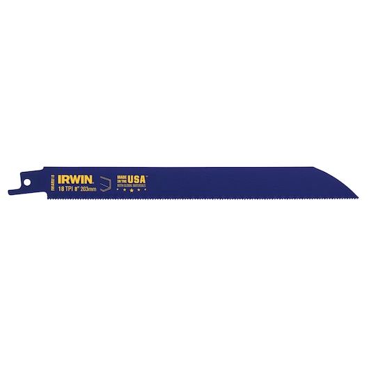 Photo of IRWIN 372818 blue reciprocating saw blade, 18 TPI, 8 in, product on white background, side view.