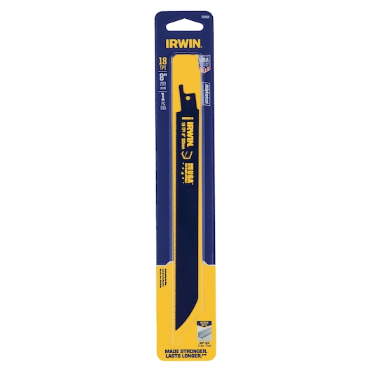 Photo of IRWIN 372818 reciprocating saw blade in retail packaging, 8 inch, blue and yellow, front angle on white background.