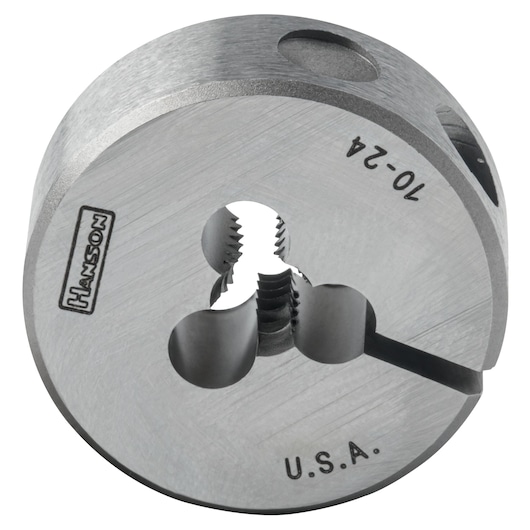 IRWIN 3728 round steel threading die with HANSON logo, 10-24 marking, and visible cutting threads, front angle.