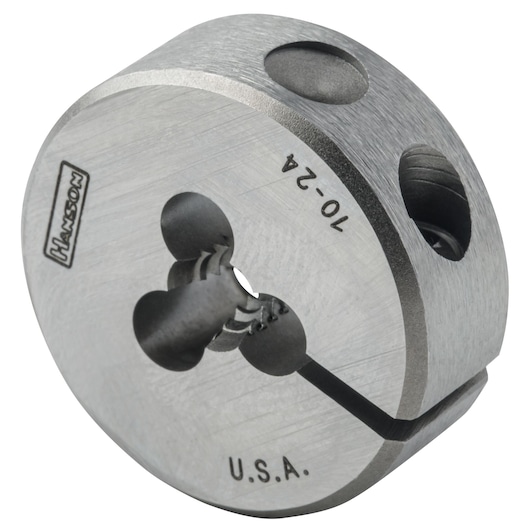 IRWIN SKU 3728 round threading die, silver metal, angled view, Hanson marking visible.