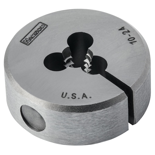 IRWIN 3728 round adjustable die, steel, marked HANSON and U.S.A., close-up on white background.