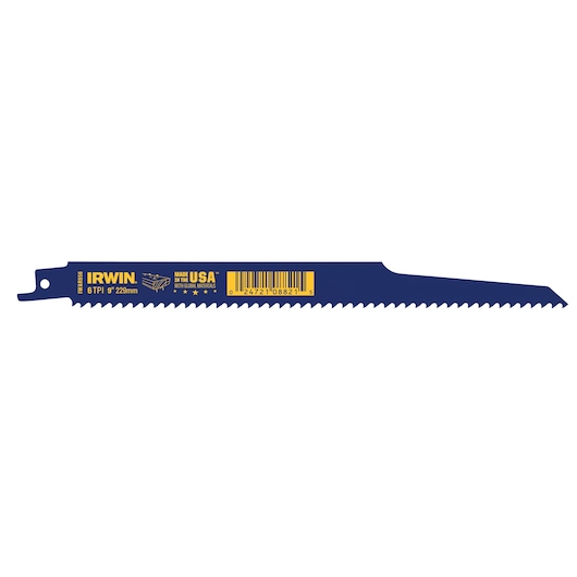 Photo of IRWIN 372956BB blue reciprocating saw blade, straight angle, 6 TPI, 9 inch, with USA labeling on white background.