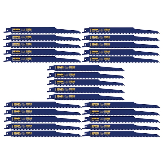 Photo of IRWIN 372956B blue reciprocating saw blades, set of twenty-four, angled on white background.