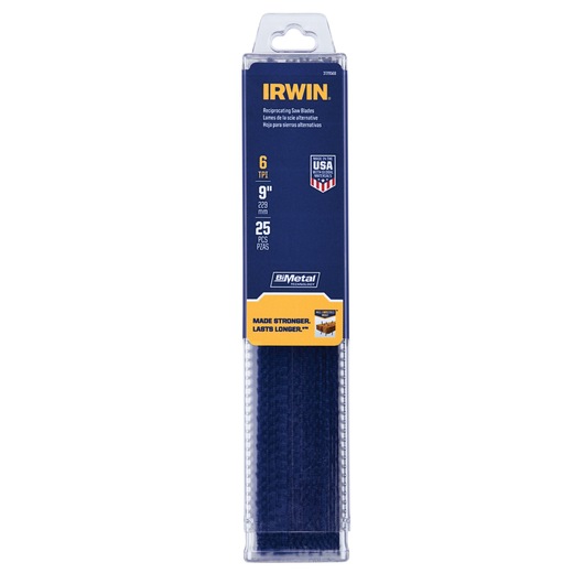 IRWIN 372956B reciprocating saw blades pack, 9 inch, 6 TPI, 25 pieces, BiMetal, front view on white background.