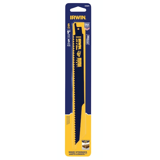 IRWIN 372956P5 reciprocating saw blade 9 inch, 6 TPI, wood cutting, front angle, blue and yellow packaging