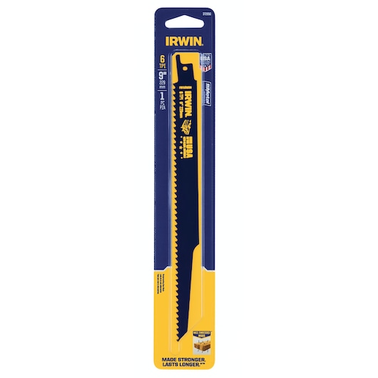 IRWIN 372956 reciprocating saw blade, 6 TPI, 9-inch, bi-metal, side packaging view, yellow and blue.
