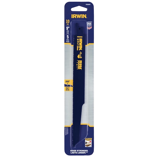 IRWIN 9-inch 10 TPI reciprocating saw blade 5-pack, blue blade in retail packaging, front angle, 372960P5.