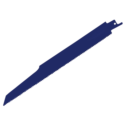 IRWIN 372960 reciprocating saw blade, blue, angled view, showing sharp serrated edge for cutting.