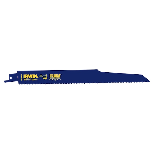 IRWIN 372960 blue reciprocating saw blade, 9 inch, 10 TPI, side angle, white background.