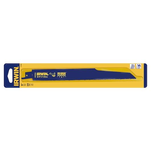 IRWIN 372960 reciprocating saw blade, blue with yellow labeling, 9-inch 10 TPI, in retail packaging, top view.