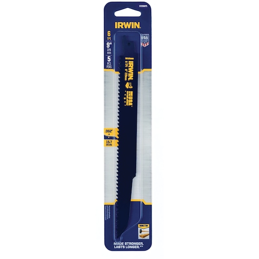Photo of IRWIN 372966P5 9-inch reciprocating saw blade, blue, in retail packaging, front view.
