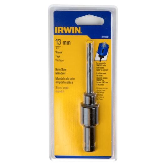 IRWIN 373002 hole saw mandrel with 1/2 inch shank in retail packaging, front angle on white background.