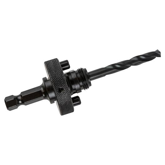 IRWIN hex shank hole saw arbor with drill bit, black finish, SKU 373003, product photography, angled view