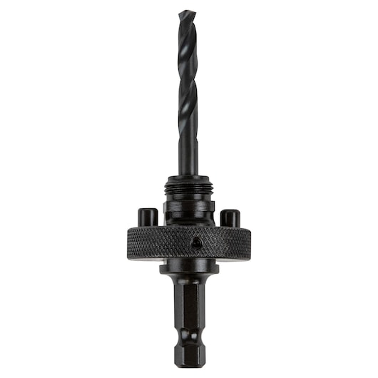 Photo of IRWIN 373003 hole saw arbor with pilot drill bit, black metal, front angle on white background.