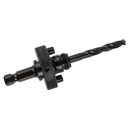 Photo of IRWIN 373004 black metal hole saw arbor with pilot drill bit, side angle on white background.
