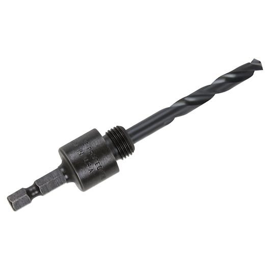 Photo of IRWIN 373005 drill bit arbor, black metal, hex shank, side angle, isolated on white background.