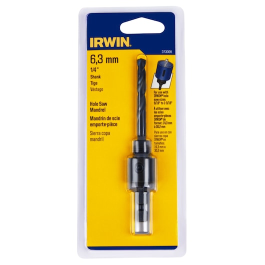 Photo of IRWIN 373005 hole saw mandrel 6.3 mm, 1/4 inch shank in retail packaging, front angle.