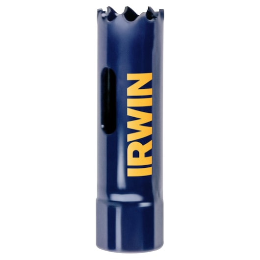 IRWIN hole saw 373011BX blue with yellow logo, front angle on white background.