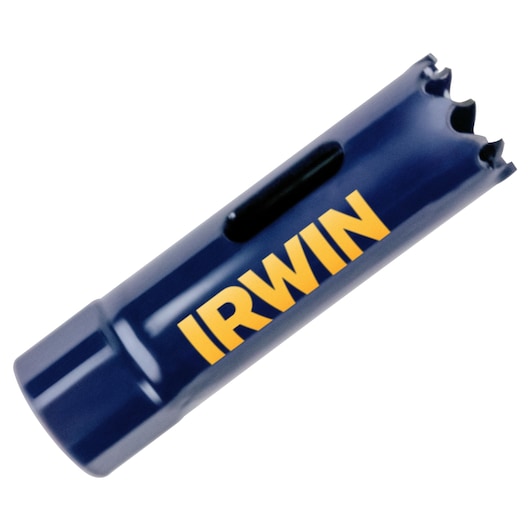 IRWIN hole saw 373011BX, blue metal with jagged cutting edge, close-up angle.