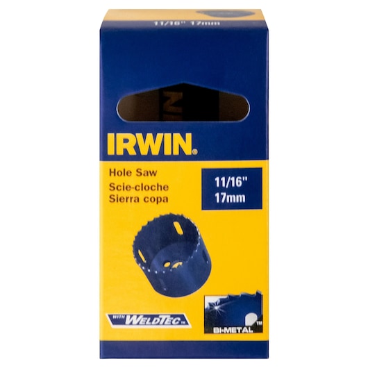 IRWIN 373011BX hole saw packaging, 11/16 inch 17mm, yellow and blue box front view, WeldTec bi-metal.