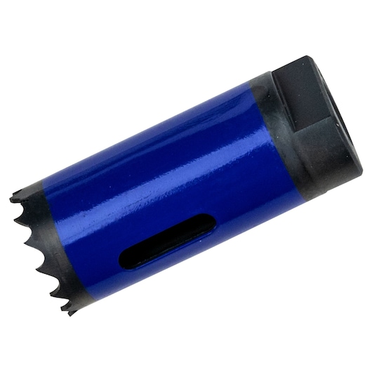 IRWIN 373100BX blue hole saw with serrated edge, side view on white background.