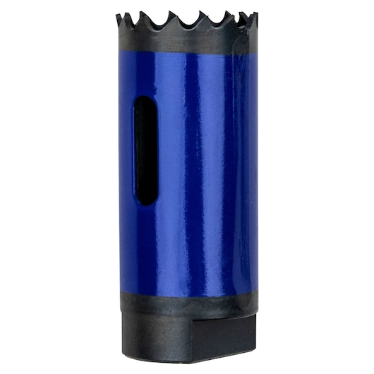 Photo of IRWIN 373100BX hole saw, blue cylindrical body with jagged cutting edge, front angle on white background.