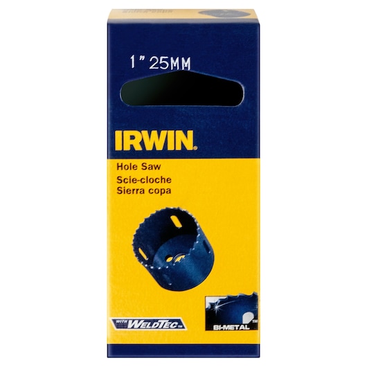 IRWIN 373100BX hole saw packaging, blue and yellow box, 1 inch 25mm bi-metal hole saw photo, front view.