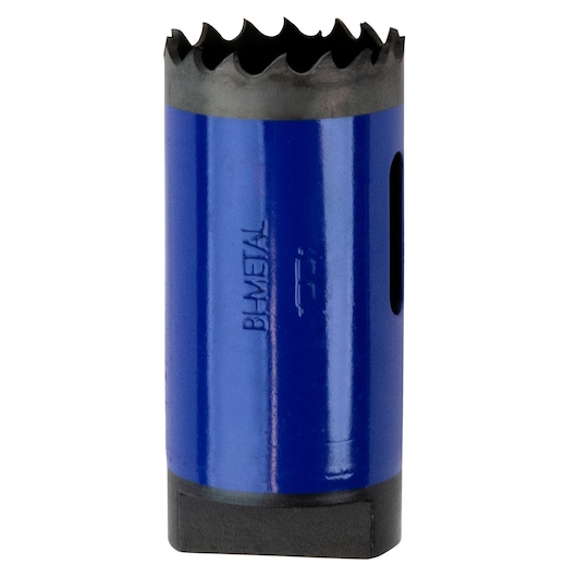 IRWIN 373110BX bi-metal hole saw, blue cylinder body, side view on white background.