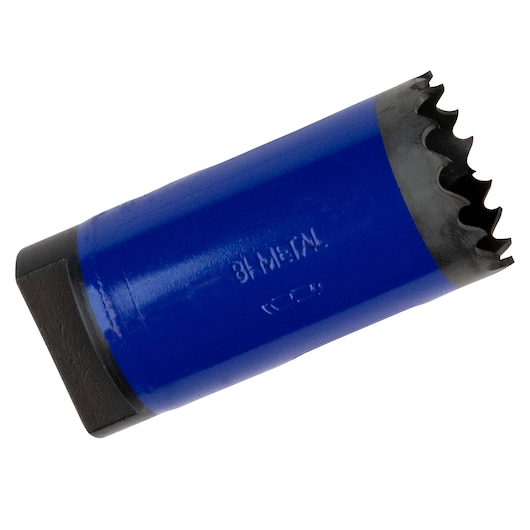 IRWIN 373110BX blue hole saw with jagged teeth, photography of tool on white background.