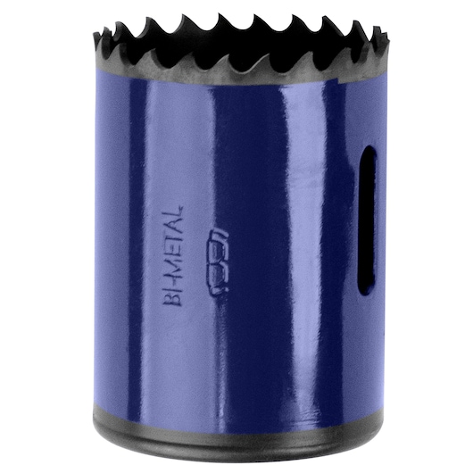 IRWIN 373112BX blue bi-metal hole saw, front view, sharp teeth edge, cylindrical tool.
