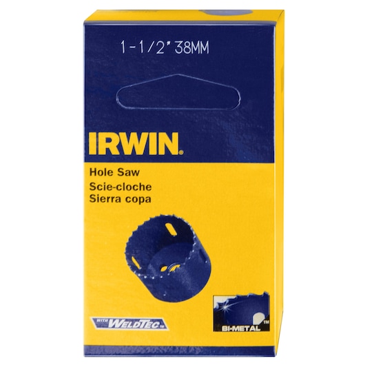 IRWIN hole saw 1-1/2 inch 38mm, bi-metal, blue and yellow box, front view, SKU 373112BX.