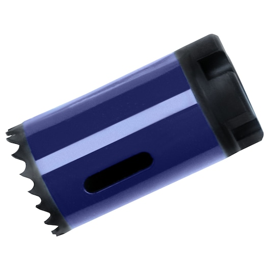 IRWIN 373114BX blue hole saw with jagged teeth and black end, side view, photography