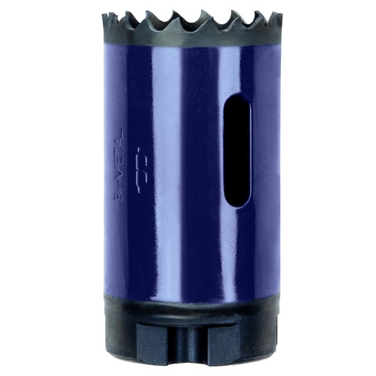 IRWIN 373114BX bi-metal hole saw, blue cylindrical body, front angle, sharp serrated edge