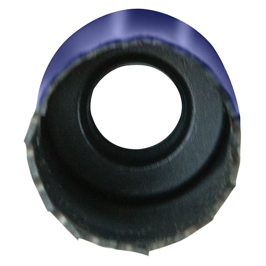 IRWIN 373114BX hole saw, front angle, black blade with blue rim, photography on white background.
