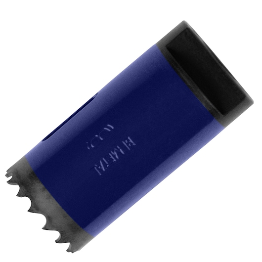 IRWIN 373118BX hole saw with blue cylindrical body and sharp cutting edge, side angle on white background.