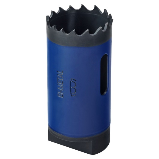 IRWIN 373118BX blue bi-metal hole saw with sharp teeth, side view on white background.