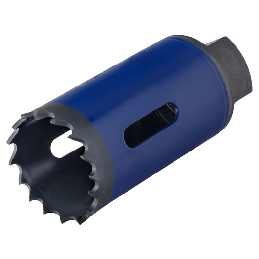 IRWIN 373118BX hole saw, blue with sharp cutting teeth, angled view on white background.