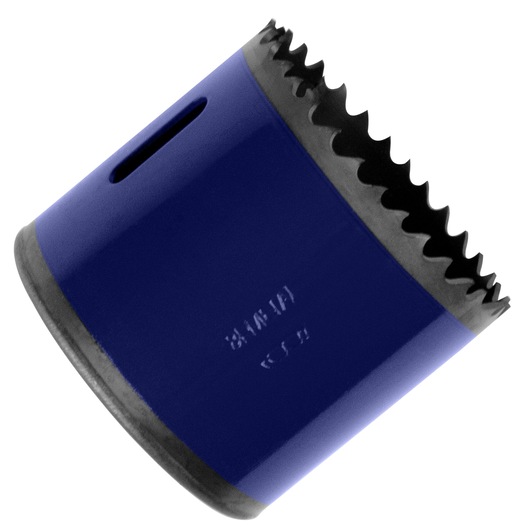 IRWIN 373118BX blue bi-metal hole saw, angled view, sharp teeth edge visible, white background.