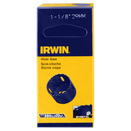 IRWIN 373118BX hole saw packaging, yellow and blue box, 1-1/8 inch, bi-metal, front angle.