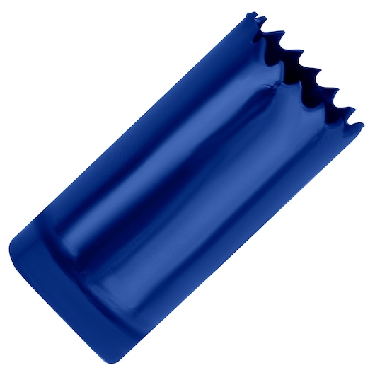IRWIN 373130BX blue bi-metal hole saw, angled view, features jagged cutting edge.