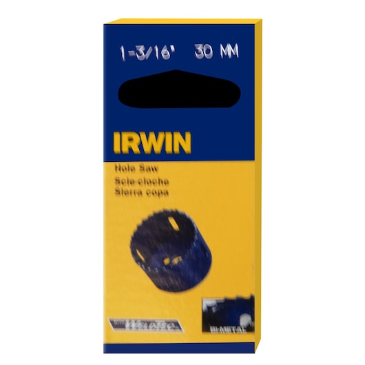 IRWIN 373130BX hole saw packaging, yellow and blue box with product photo, front angle, white background.