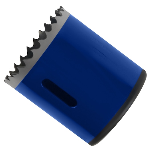 IRWIN hole saw 373134BX blue with sharp teeth, side angle, against white background.