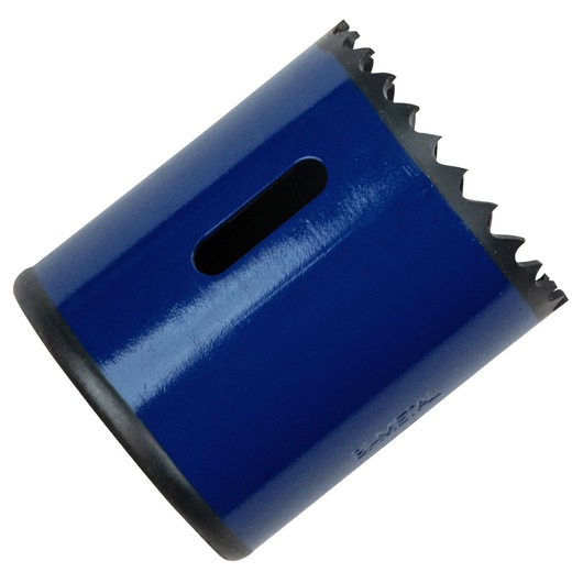 IRWIN blue bi-metal hole saw, cylindrical with jagged teeth, angled side view, SKU 373134BX.