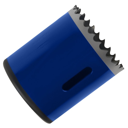 IRWIN 373134BX blue bi-metal hole saw, sharp teeth, angled view, white background.