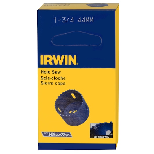 IRWIN 373134BX hole saw packaging, yellow and blue box with 1-3/4 inch 44mm size, front view.