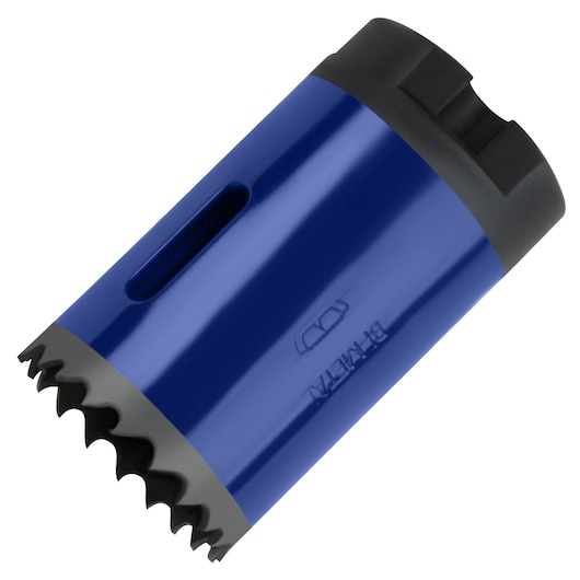 IRWIN blue and black hole saw, jagged teeth, cylindrical, SKU 373138BX, product photo on white background