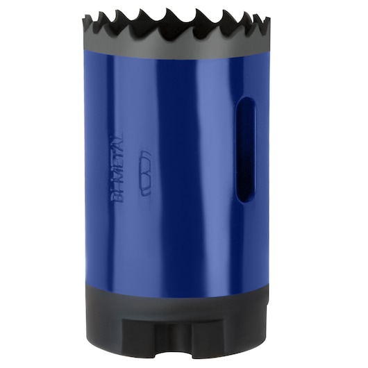 IRWIN 373138BX bi-metal hole saw, blue and black, front angle on white background.