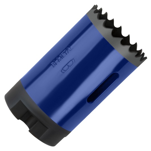 IRWIN 373138BX bi-metal blue hole saw, angled view, sharp teeth and vent slot visible.