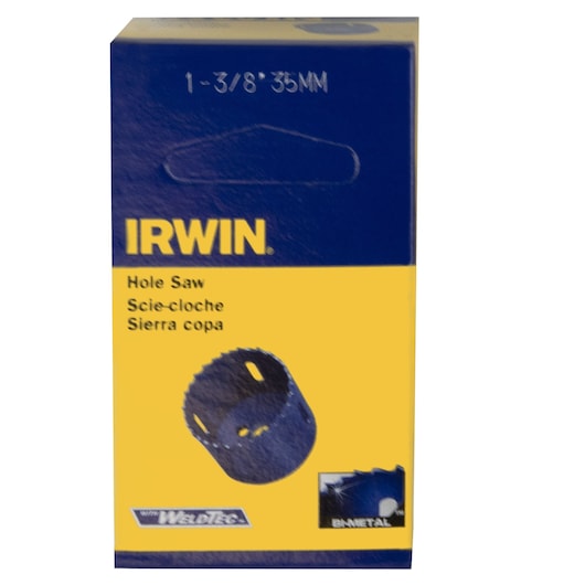 IRWIN 373138BX hole saw box, yellow and blue packaging, front view, with hole saw image and 1-3/8 inch marking.
